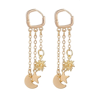 Sun & Moon & Star Stainless Steel Dangle Hoop Earrings, Long Tassel Brass Drop Earrings for Women, Golden, 45mm, Pin: 1mm