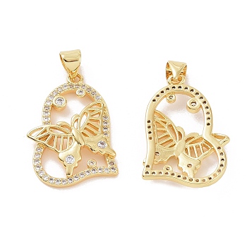 Brass Micro Pave Cubic Zirconia Pendants, Heart with Butterfly Charm, Real 18K Gold Plated, 25.5x18x3.5mm, Hole: 3.5x4mm
