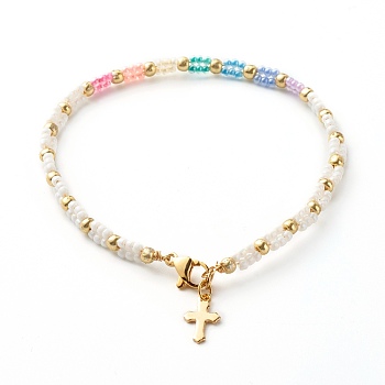 Glass Seed Beaded Bracelet for Girl Women, Bracelet with Tiny Cross Charm, Golden, White, 7-1/2 inch(19cm)