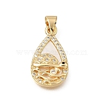 Brass Micro Pave Black Cubic Zirconia Pendants, with Shell, Teardrop with Tortoise Charms, Real 16K Gold Plated, Old Lace, 19.5x11x2.5mm, Hole: 4.5x3.5mm(CU-CBAF50C-09G)