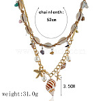 Bohemian Natural Shell & Alloy Starfish & Plastic Pearl Pendant Raffia Cord Double Layer Necklaces for Women, Golden, Colorful, 20.47 inch(52cm)(FS-WG267BD-02)