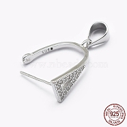 Rhodium Plated 925 Sterling Silver Micro Pave Cubic Zirconia Pendant Bails, Ice Pick & Pinch Bails, Triangle, Platinum, 15x6.5x13mm, Hole: 3.5x5mm, pin: 0.6mm(STER-P034-47P)