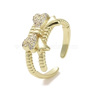 Brass Micro Pave Cubic Zirconia Open Cuff Ring, Bowknot, Real 16K Gold Plated, Inner Diameter: 19mm(RJEW-K256-58E-G)
