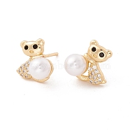 Cubic Zirconia Bear Stud Earrings with Acrylic Pearl, Brass Jewelry for Women, Lead Free & Cadmium Free, Real 18K Gold Plated, 11.5x11.5mm, Pin: 0.8mm(EJEW-F282-49G)