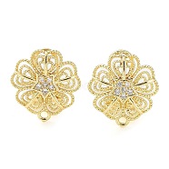 Flower Brass Micro Pave Cubic Zirconia Stud Earrings Finding, with Horizontal Loops, Cadmium Free & Lead Free, Real 18K Gold Plated, 16.5x16mm, Hole: 1.5mm, Pin: 0.8mm(KK-E083-18G)