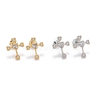 Brass Micro Pave Clear Cubic Zirconia Stud Earrings, with Ear Nuts, Long-Lasting Plated, Heart Cross, Mixed Color, 17x14x2.5mm, Pin: 1mm(EJEW-F264-15)