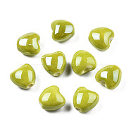Pearlized Handmade Porcelain Beads, Heart, Yellow Green, 10x10x7mm, Hole: 1.8mm(PORC-T007-21-09)
