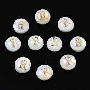 Natural Freshwater Shell Beads, with Golden Plated Brass Etched Metal Embellishments, Flat Round with Letter, Seashell Color, Letter.R, 6x4mm, Hole: 0.8mm(SHEL-S278-036R)
