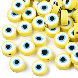 Handmade Polymer Clay Beads, Flat Round with Evil Eye, Yellow, 9~10x3.5~4.5mm, Hole: 1.5mm(CLAY-ZX006-07C)