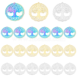 18Pcs 3 Colors 201 Stainless Steel Pendants, Etched Metal Embellishments, Flat Round with Tree of Life, Mixed Color, 41x40.5x0.3mm, Hole: 1.4mm, 6pcs/color(STAS-DC0012-63)