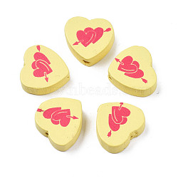 Spray Painted Maple Wood Beads, Printed, Heart, Yellow, 16.5x17.5x6mm, Hole: 1.8mm, about 575pcs/500g(WOOD-Q030-88A)