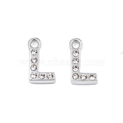 304 Stainless Steel Charms, with Crystal Rhinestone, Letter, Letter.L, 10~10.5x2~8x2mm, Hole: 1.2mm(STAS-N095-137L)