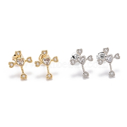 Brass Micro Pave Clear Cubic Zirconia Stud Earrings, with Ear Nuts, Long-Lasting Plated, Heart Cross, Mixed Color, 17x14x2.5mm, Pin: 1mm(EJEW-F264-15)
