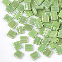 2-Hole Glass Seed Beads, Rainbow Plated, Square, Light Green, 5x4.5~5.5x2~2.5mm, Hole: 0.5~0.8mm(SEED-S023-19C-03)