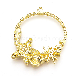Rack Plating Alloy Open Back Bezel Pendants, For DIY UV Resin, Epoxy Resin, Pressed Flower Jewelry, Cadmium Free & Nickel Free & Lead Free, Flat Round with Starfish/Sea Stars, Golden, 42x36x5mm, Hole: 2mm(PALLOY-Q351-52G-FF)