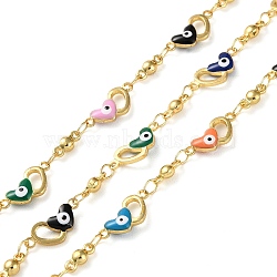 Heart with Evil Eyes Brass Enamel Link Chains, Real 18K Gold Plated, Soldered, with Spools, Long-Lasting Plated, Mixed Color, 14x6x1.2mm(CHC-Q013-03G)