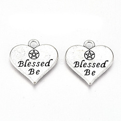Tibetan Style Alloy Pendants, Lead Free & Cadmium Free, Heart with Word Blessed Be & Pentacle, Antique Silver, 19x19x2mm, Hole: 2mm, about 210pcs/500g(TIBE-S323-034AS-RS)