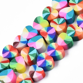 Handmade Polymer Clay Beads Strands, for DIY Jewelry Crafts Supplies, Heart, Colorful, 9x10x4mm, Hole: 1.5mm, about 40~41pcs/strand, 13.39 inch~13.78 inch(34~35cm)