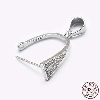 Rhodium Plated 925 Sterling Silver Micro Pave Cubic Zirconia Pendant Bails, Ice Pick & Pinch Bails, Triangle, Platinum, 15x6.5x13mm, Hole: 3.5x5mm, pin: 0.6mm