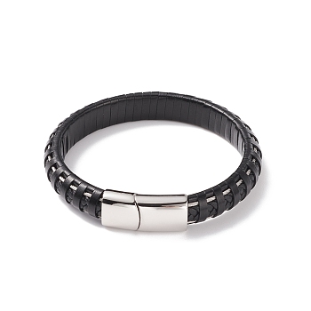 Leather Braided Cord Bracelets, with 304 Stainless Steel Magnetic Clasps, Black, Stainless Steel Color, 8-7/8 inch(22.5cm), 11.5mm