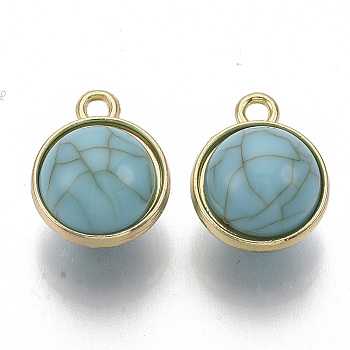 Acrylic Pendants, Imitation Gemstone, with Light Gold Plated Alloy Cabochon Settings, Round, Dark Turquoise, 17x14x12~13mm, Hole: 2mm