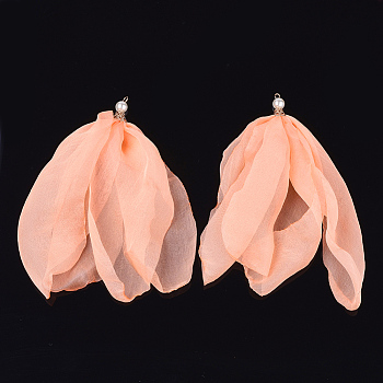 Organza Fabric Big Pendants, with Iron Findings and ABS Plastic Imitation Pearl, Flower, Light Gold, Light Salmon, 140~180mm, Hole: 2.5x4mm
