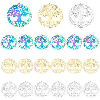 18Pcs 3 Colors 201 Stainless Steel Pendants, Etched Metal Embellishments, Flat Round with Tree of Life, Mixed Color, 41x40.5x0.3mm, Hole: 1.4mm, 6pcs/color