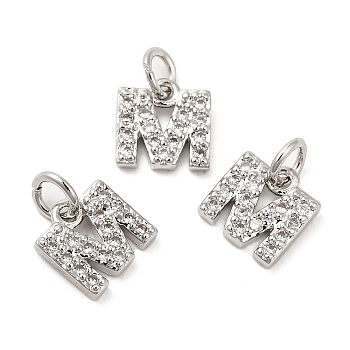 Brass Micro Pave Grade AAA Cubic Zirconia Charms, Letter M, Cadmium Free & Nickel Free & Lead Free, Real Platinum Plated, 8x7x1.5mm, Hole: 2mm