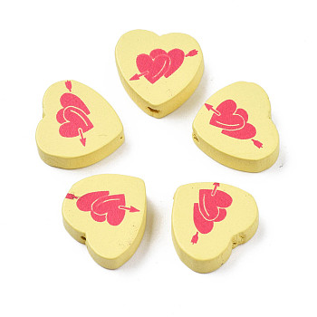 Spray Painted Maple Wood Beads, Printed, Heart, Yellow, 16.5x17.5x6mm, Hole: 1.8mm, about 575pcs/500g