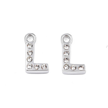 304 Stainless Steel Charms, with Crystal Rhinestone, Letter, Letter.L, 10~10.5x2~8x2mm, Hole: 1.2mm