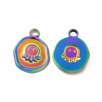 Ion Plating(IP) 304 Stainless Steel Pendants, Flat Round with Octopus Charm, Rainbow Color, 16x13x2mm, Hole: 2mm