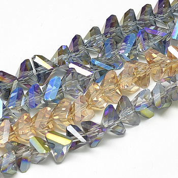 Electroplate Glass Beads Strands, Rainbow Plated, Faceted, Triangle, Mixed Color, 8x10x6.5mm, Hole: 1.4mm, about 94pcs/strand, 21.77 inch(55.3cm)