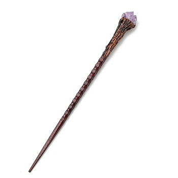 Sandalwood Hair Sticks, with Natural Amethyst, for Woman, Coconut Brown, 235~239x24~29mm