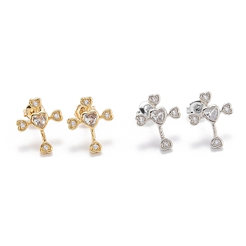 Brass Micro Pave Clear Cubic Zirconia Stud Earrings, with Ear Nuts, Long-Lasting Plated, Heart Cross, Mixed Color, 17x14x2.5mm, Pin: 1mm