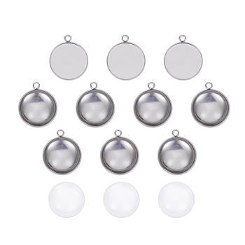 DIY Pendant Making, 304 Stainless Steel Pendant Cabochon Settings and Transparent Glass Cabochons, Flat Round, Stainless Steel Color, Tray: 25mm, 32x28x1mm, Hole: 2mm, 24.5~25x6~7mm, 2pcs/set