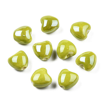 Pearlized Handmade Porcelain Beads, Heart, Yellow Green, 10x10x7mm, Hole: 1.8mm