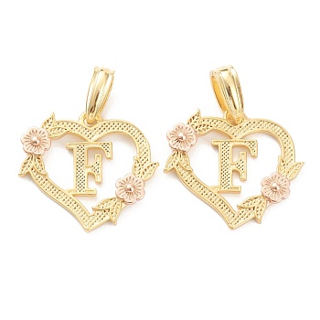 Real 18K Gold Plated Brass  Pendants, Heart with Alphabet, Letter.F, 18x20x3mm, Hole: 6.5x3mm