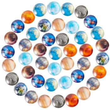 SUNNYCLUE Glass Cabochons, Half Round/Dome, Planet Print Pattern, Mixed Color, 12x4.5mm, 10colors, 10pcs/color, 100pcs/box