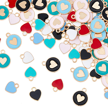 80Pcs 10 Style Alloy Enamel Pendants, Light Gold, Flat Round with Heart & Heart, Mixed Color, 12~16x10~13x2mm, Hole: 1.2~1.6mm, 8pcs/style