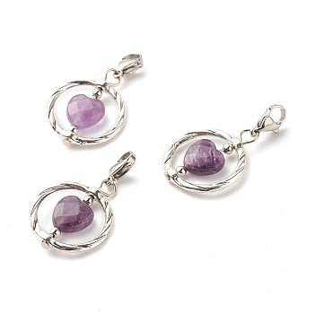 Alloy Linking Rings & Heart Natural Amethyst Pendant Decorations, with 304 Stainless Steel Lobster Claw Clasps and Brass Beads, 36mm