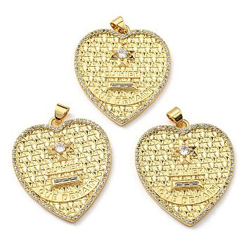 Brass with Cubic Zirconia Pendants, Long-Lasting Plated, Lead Free & Cadmium Free, Heart, Real 18K Gold Plated, 31.5x27.5x3.3mm, Hole: 4.3x3.2mm