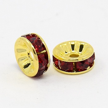 Brass Grade A Rhinestone Spacer Beads, Golden Plated, Rondelle, Nickel Free, Siam, 7x3.2mm, Hole: 1.2mm