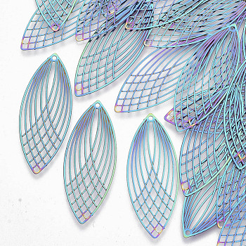 Ion Plating(IP) 201 Stainless Steel Filigree Pendants, Etched Metal Embellishments, Rice, Rainbow Color, 40x16x0.3mm, Hole: 1.2mm