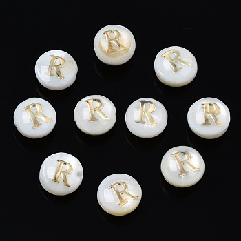 Natural Freshwater Shell Beads, with Golden Plated Brass Etched Metal Embellishments, Flat Round with Letter, Seashell Color, Letter.R, 6x4mm, Hole: 0.8mm