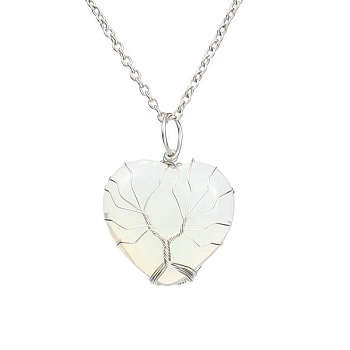 Opalite Heart Pendant Necklaces, Platinum Copper Wire Wrap Necklace, 20.47 inch(52cm)