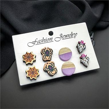 Halloween Spider Ghost Spider Web Wood Stud Earring Sets(EJEW-OY002-02)-5