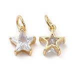 Rack Plating Brass Clear Cubic Zirconia Pendants, Long-Lasting Plated, Cadmium Free & Lead Free, with Jump Ring, Star Charm, Real 14K Gold Plated, 12x10x5mm, Hole: 4mm(KK-E081-03G)