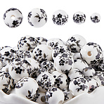 100Pcs 4 Colors Floral Printed Porcelain Beads, Flower Patterned Ceramic Beads, Round, Black, 6~12mm, Hole: 2~3mm, 25pcs/style(PORC-DC0001-16A)