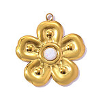 304 Stainless Steel & ABS Imitation Pearl Pendants, Flower Charm, Ion Plating(IP), White, Real 18K Gold Plated, 22x21mm, Hole: 1.6mm(STAS-OY017-03G)