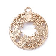 Autumn Theme Zinc Alloy Open Back Bezel Pendants, For DIY UV Resin, Epoxy Resin, Pressed Flower Jewelry, Flat Round with Maple Leaf, Light Gold, 34x30x3mm, Hole: 2.5mm(X-PALLOY-E577-24KCG)